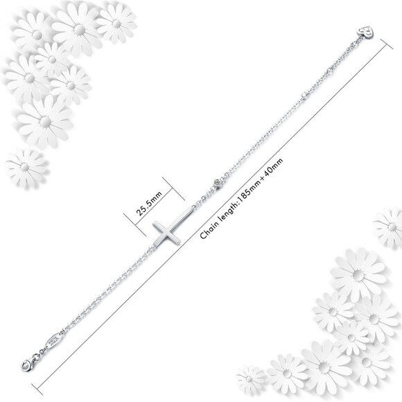 925 Sterling Silver Cross & CZ Faith Bracelet for Women 15 Inch Adjustable - Picture 2 of 6